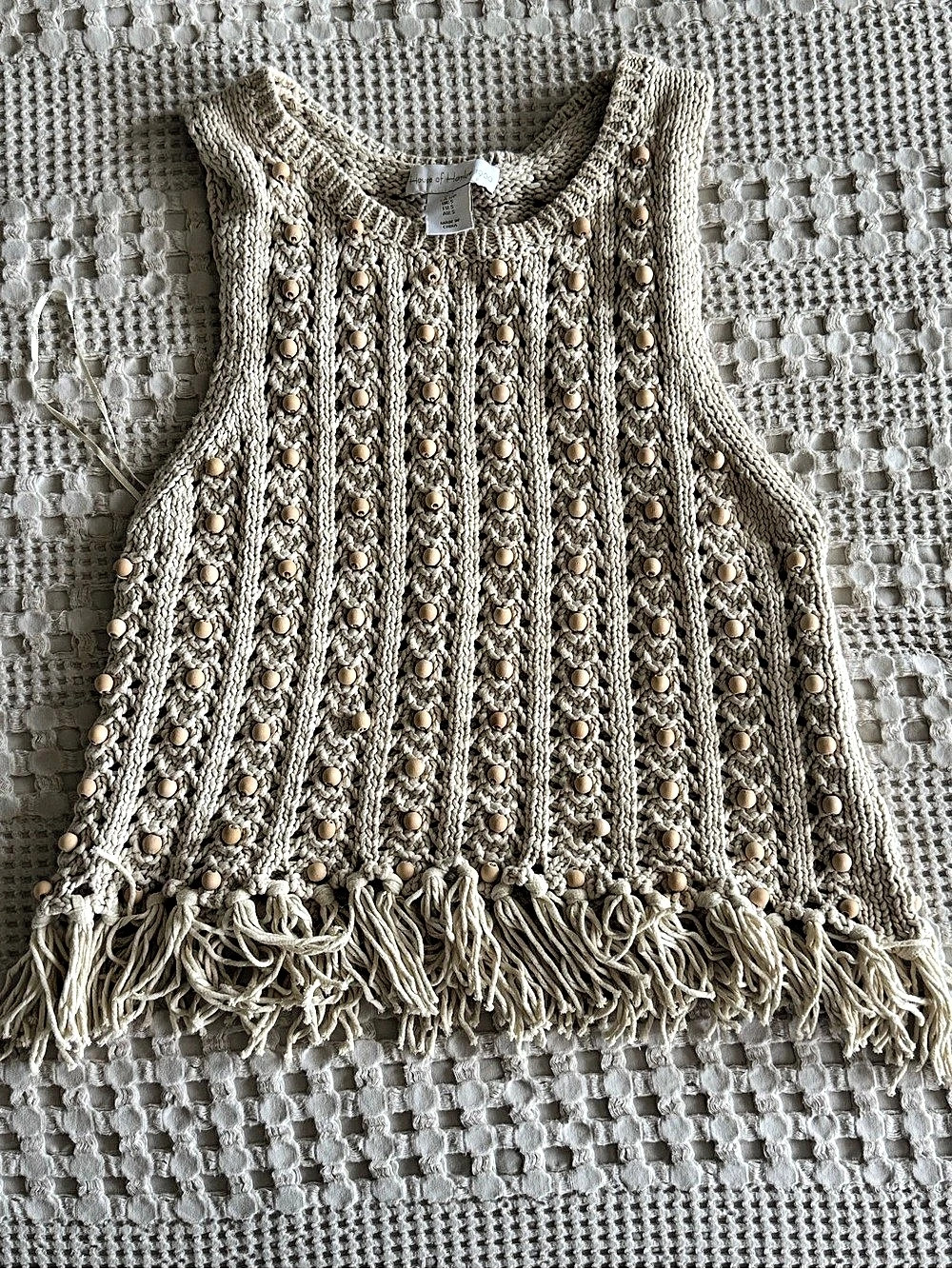 House of Harlow 1960 Beaded Fringe Tank in Cream & Brown Size S